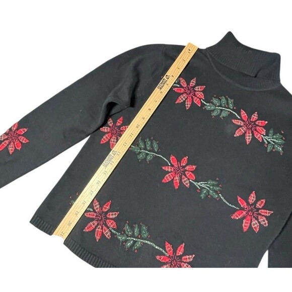 Vintage Talbots Christmas Sweater Black Poinsettia Plaid Pullover Cotton Small - Picture 4 of 8